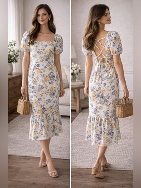 White Dainty Floral Puff Sleeve Open Back Midi Dress Cottagecore Boho Effortless